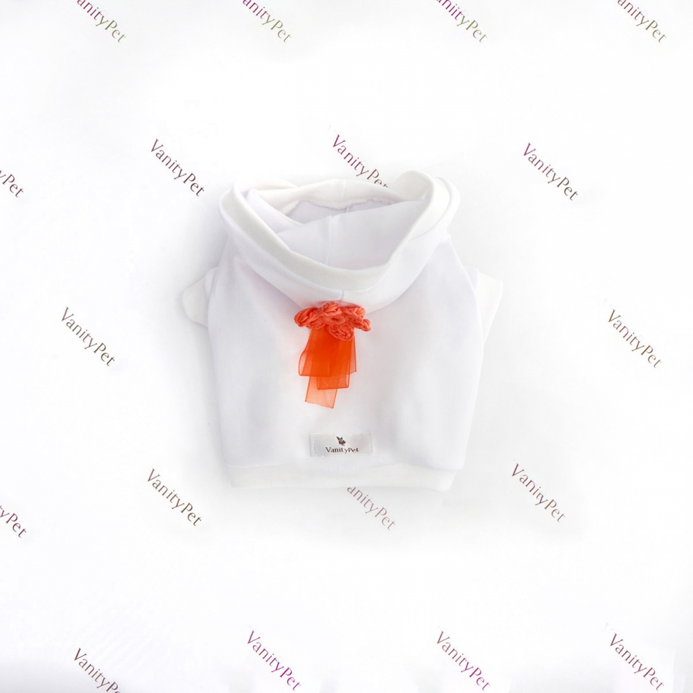 maglietta t-shirt per cani alla moda colore bianca con cappuccio e fiocco arancione