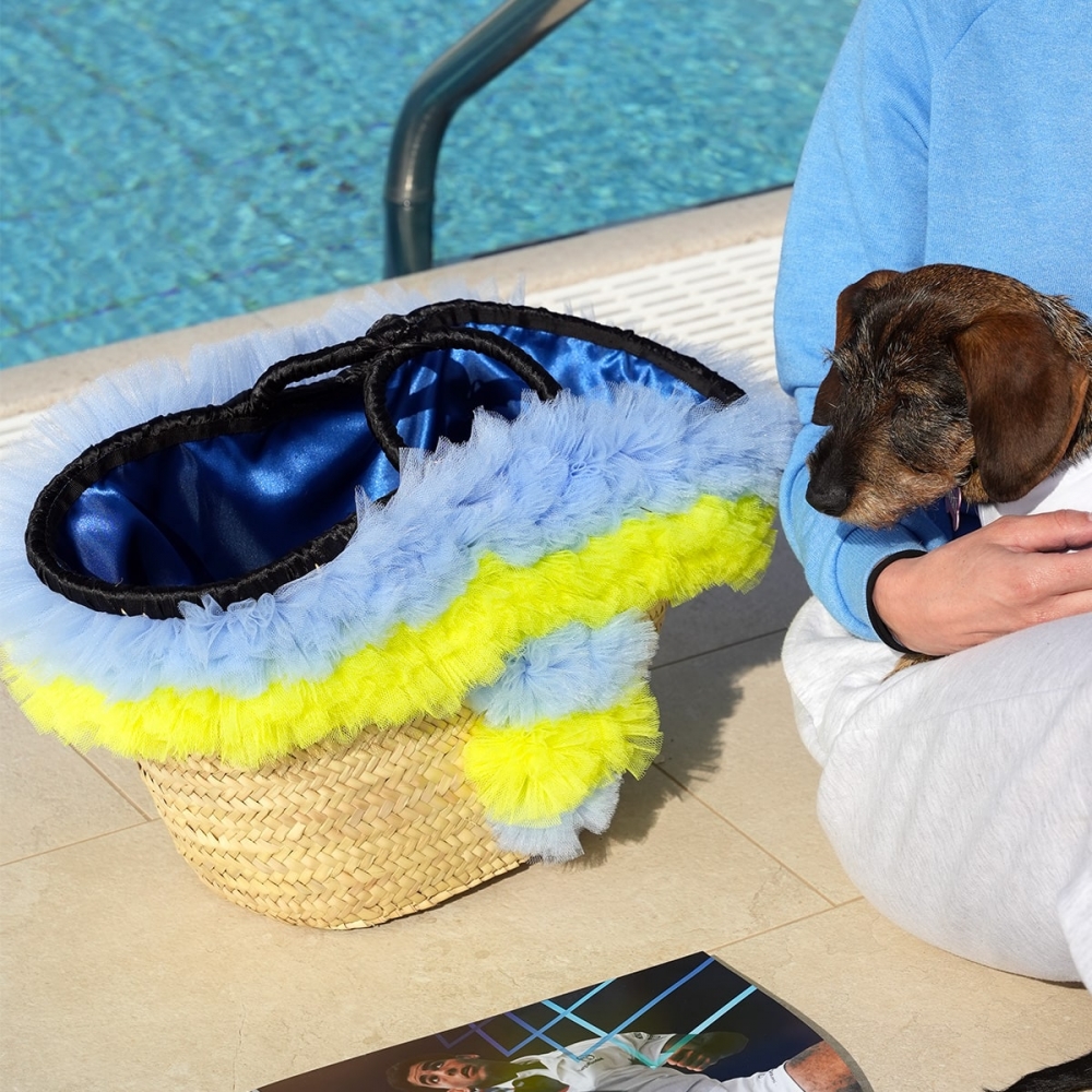 coffa borsa da spiaggia di lusso per cani realizzata in paglia e tulle