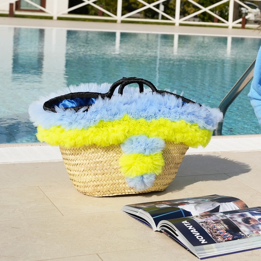 coffa borsa da spiaggia di lusso per cani realizzata in paglia e tulle